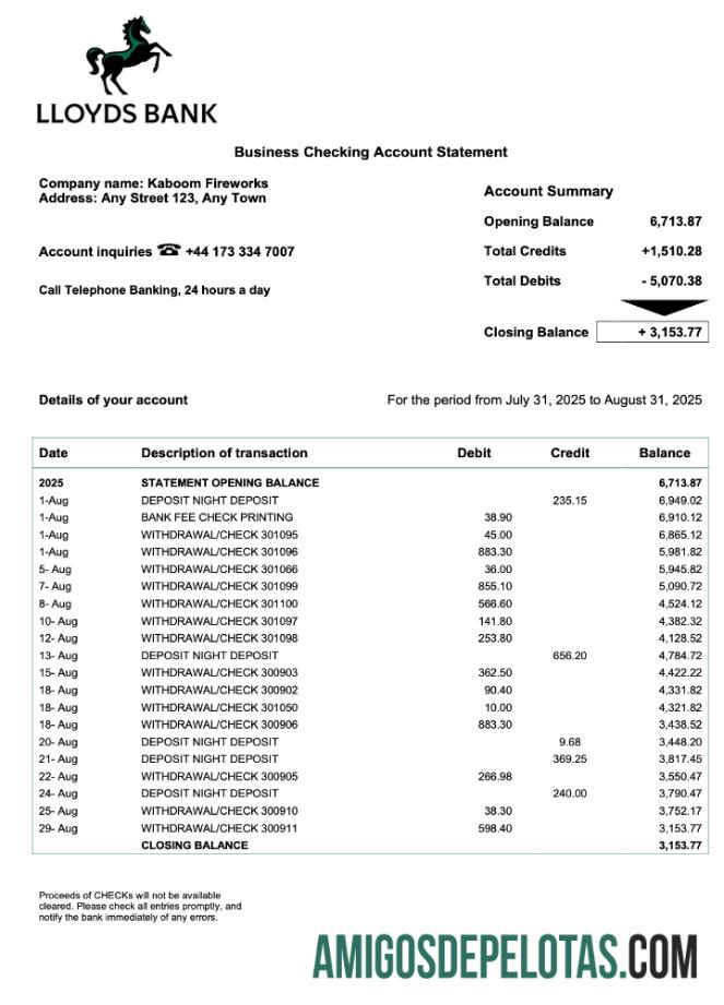 Em branco EUA Lloyds Enterprise modelo de extrato de conta Word e PDF
